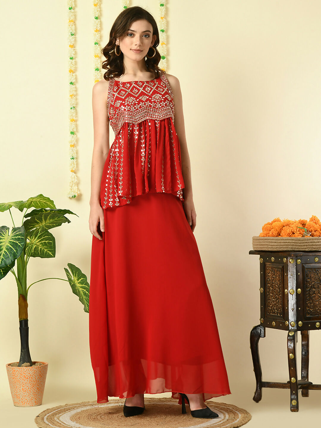 Myshka Women's Red Georgette Top With Skirt Party Sets - Distacart