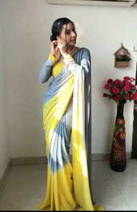 Thumbnail for Malishka Georgette Printed Ready To Wear Saree With Blouse Piece - Yellow - Distacart