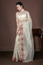 Thumbnail for Morchari Beige Supernet Cross Embroidery Saree Unstitched Blouse