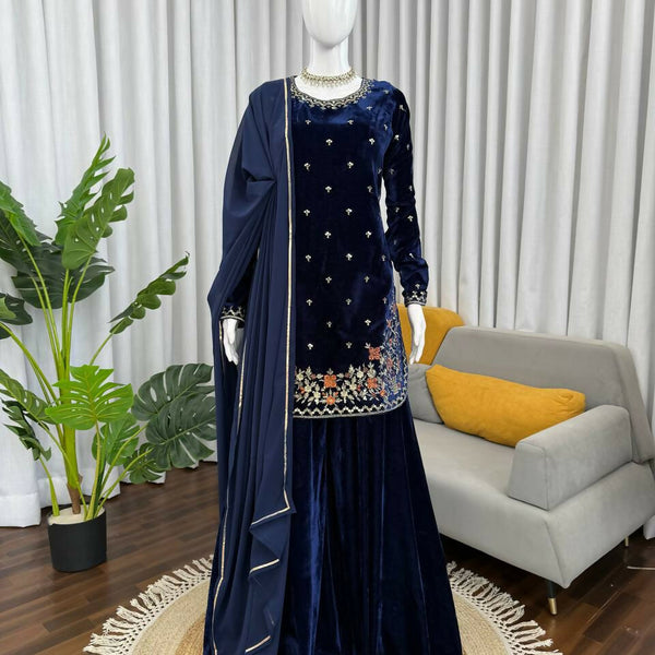Vastranavya Blue Viscose Velvet Thread Sequence Work Kurta & Palazzo With Dupatta