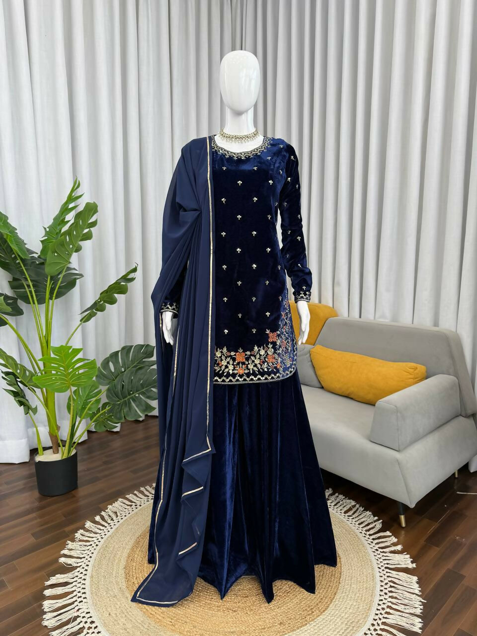 Vastranavya Blue Viscose Velvet Thread Sequence Work Kurta & Palazzo With Dupatta - Distacart