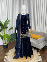 Thumbnail for Vastranavya Blue Viscose Velvet Thread Sequence Work Kurta & Palazzo With Dupatta
