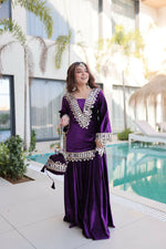 Thumbnail for Joban Fashion Purple Kurta Set Velvet Embroidery Sequence Work - Distacart