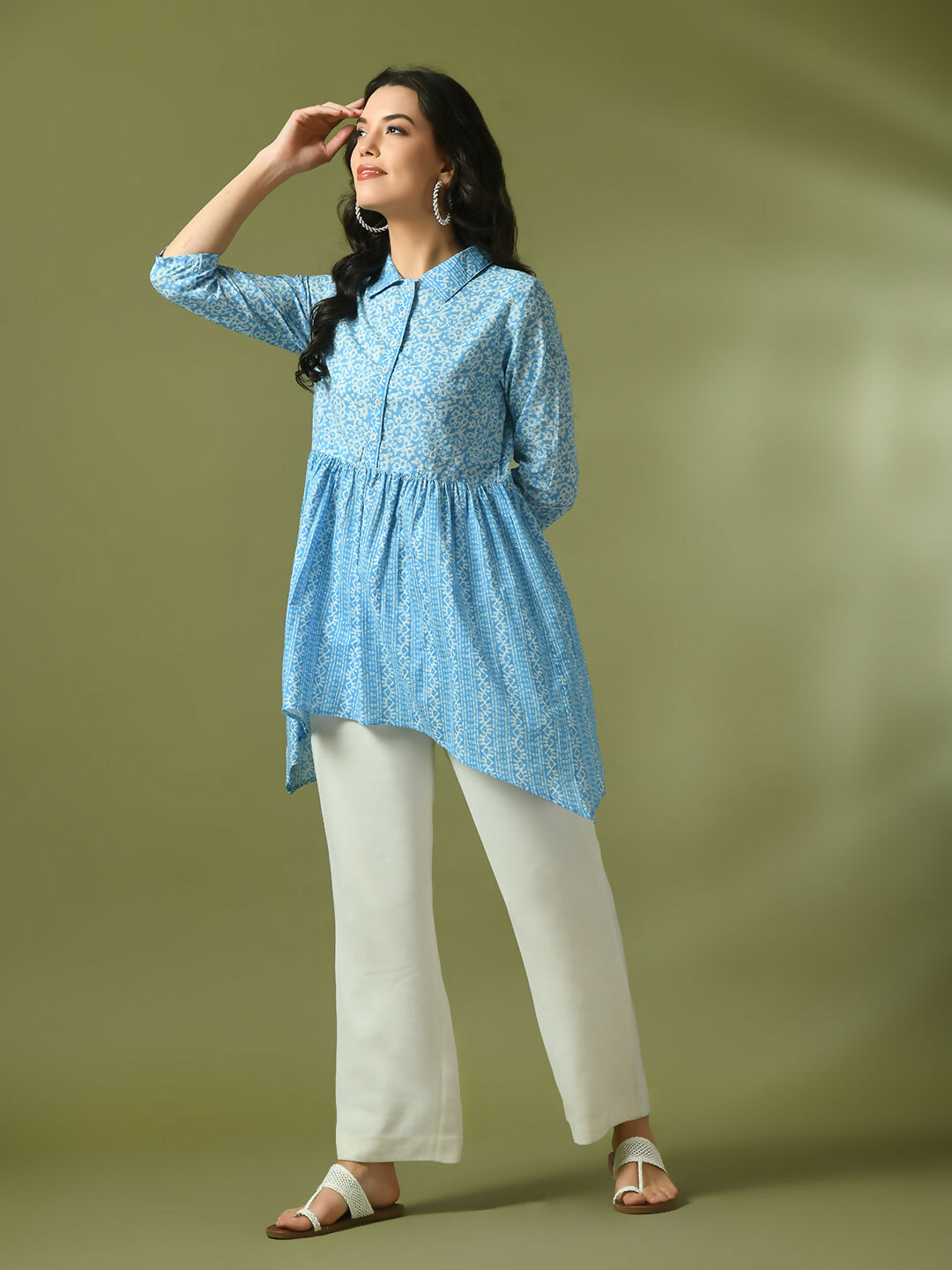 Myshka Women's Blue Embellished Cotton Gathered Party Empire Top - Distacart