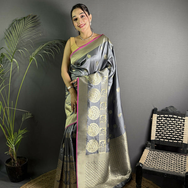 Joban Fashion Dark Grey Banarasi Soft Lichi Silk Paisley Saree