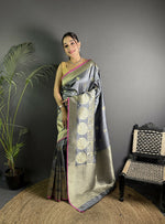 Thumbnail for Joban Fashion Dark Grey Banarasi Soft Lichi Silk Paisley Saree