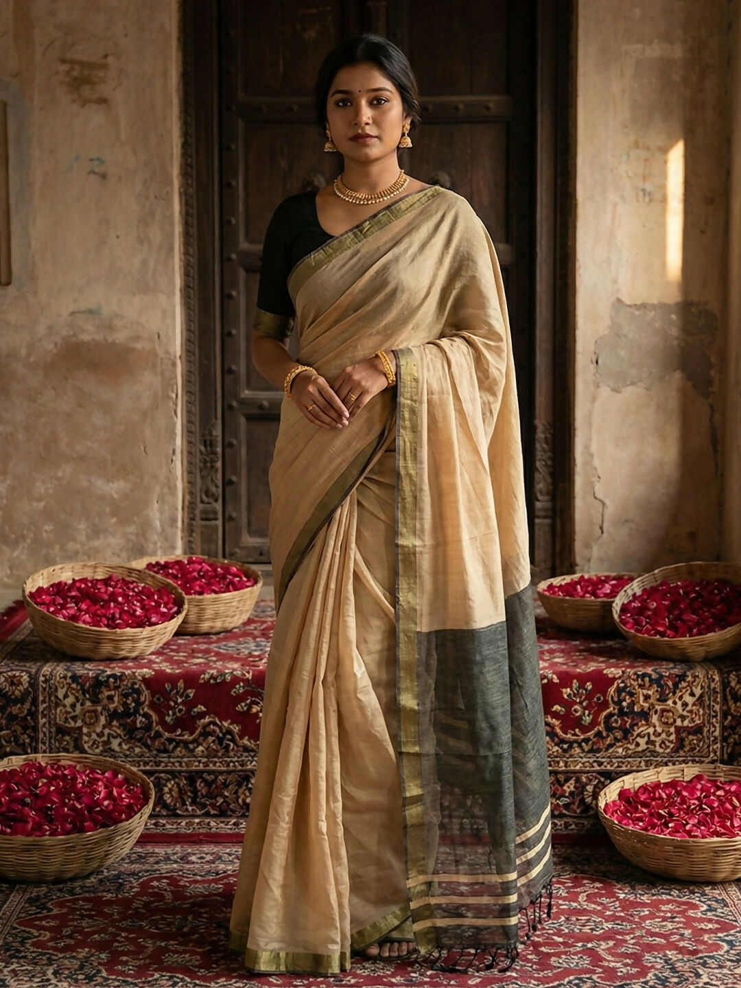 Astita Beige Cotton Saree - Distacart