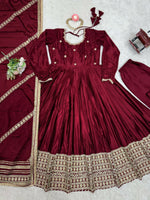 Thumbnail for The52 Women's Gorgeous Chinon Silk Fabric Embroidery Work Flared Anarkali Pant and Dupatta Set - Distacart