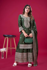 Thumbnail for Teeya Creation Green Colour Chinnon Silk Heavy Embroidery Work Fully Stitched Salwar Suit