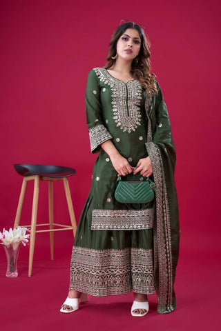Teeya Creation Green Colour Chinnon Silk Heavy Embroidery Work Fully Stitched Salwar Suit