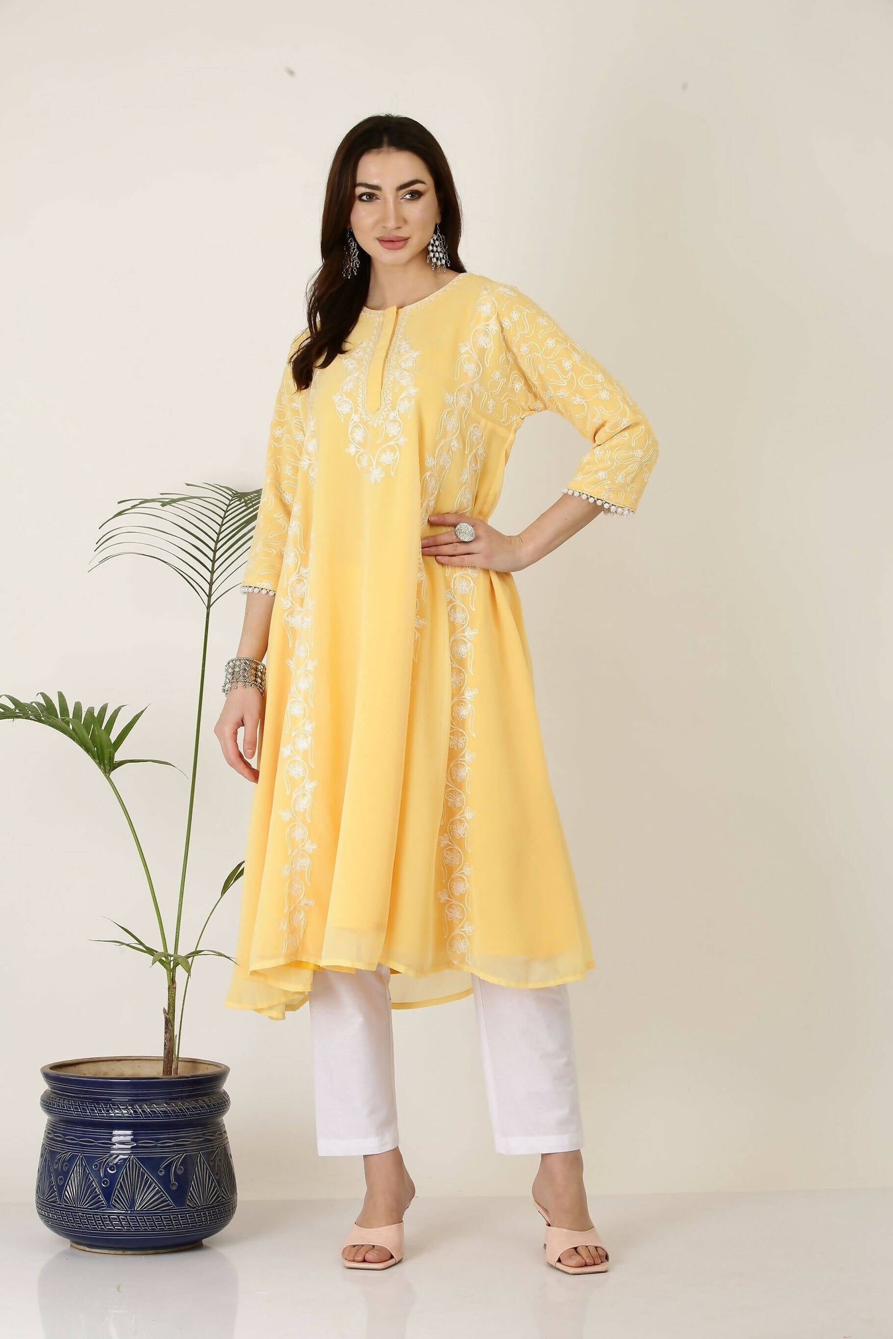 Joban Fashion Yellow&White Georgette Kurta Set