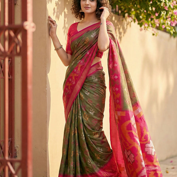 Astita Olive Green Pochampally Silk Saree - Distacart