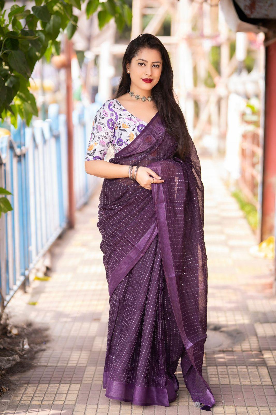 Purple Linen Sequence Saree with Unstitched Blouse - Hiral Fashion - Distacart