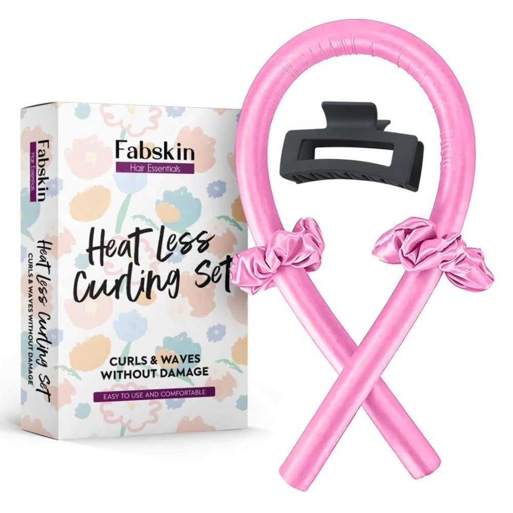 Fabskin Heatless Hair Curler Set With Hair Curling Rod, Scrunchies & Claw Clip - Pink