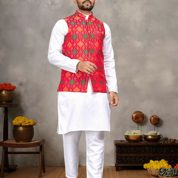 Anaita Red Cotton Straight Kurta Pajama & Koti With Jequard Work - Distacart