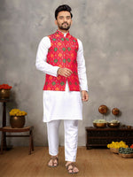 Thumbnail for Anaita Red Cotton Straight Kurta Pajama & Koti With Jequard Work - Distacart