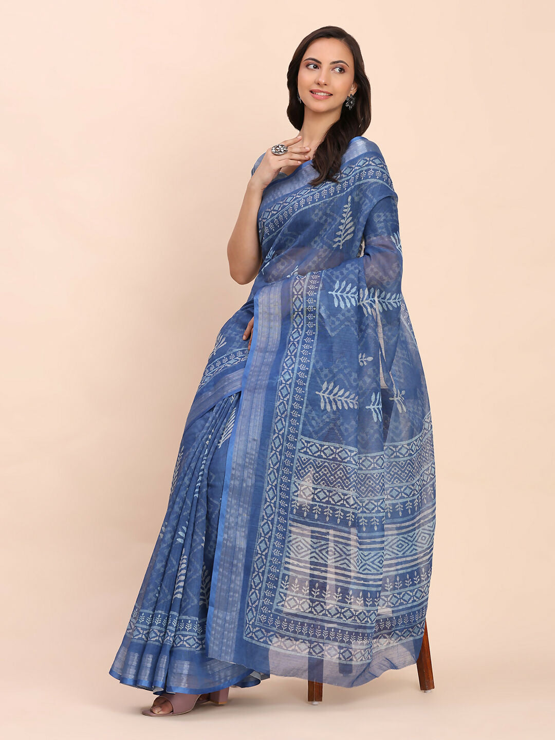 Shree Shyam Fashion Linen Cotton Indigo Blue Saree - Distacart
