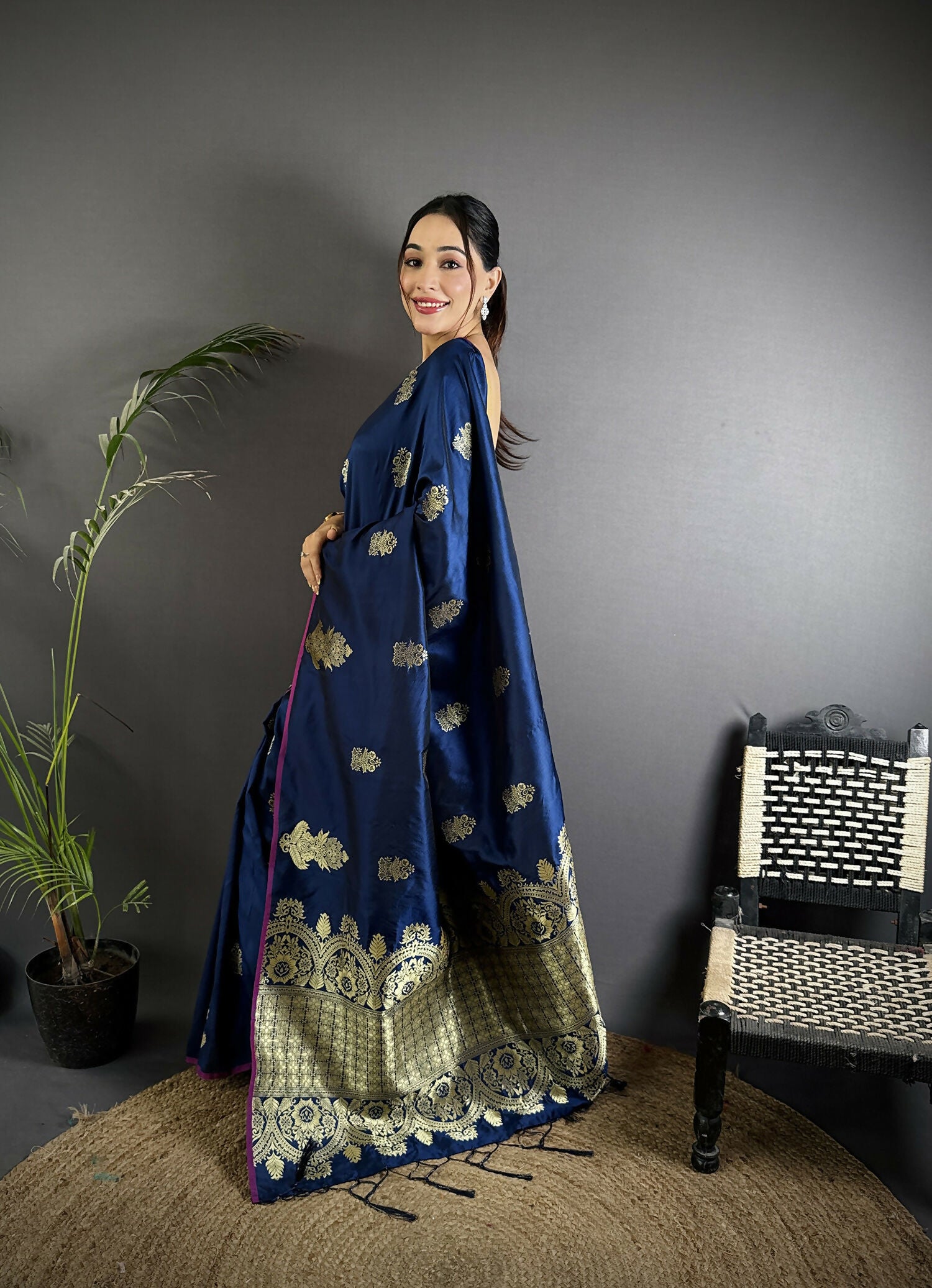 Joban Fashion Navy Blue Banarasi Lichi Silk Gold Zari Meena Saree