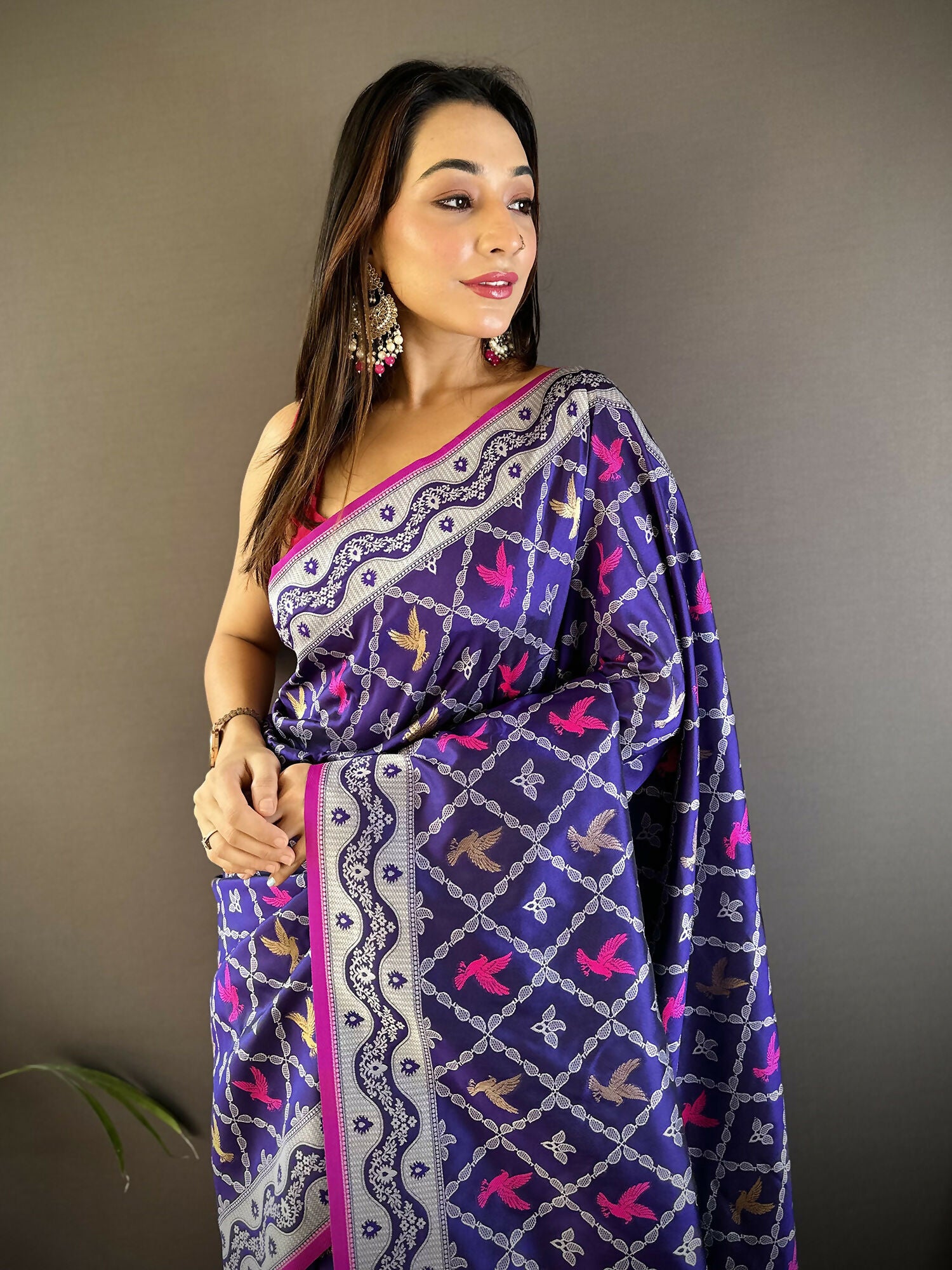 Joban Fashion Blue Jacquard Woven Pattern Lichi Soft Silk Banarasi Saree - Dista