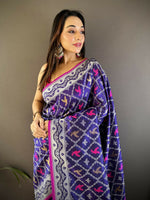 Thumbnail for Joban Fashion Blue Jacquard Woven Pattern Lichi Soft Silk Banarasi Saree - Dista