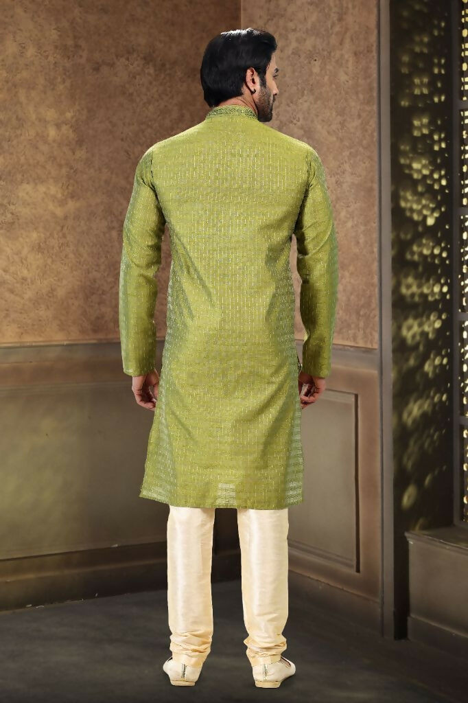 Raivat Ethnic Jacquard Art Silk Mirror and Thread Work Kurta Pajama In Green Colour - Distacart