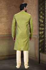 Thumbnail for Raivat Ethnic Jacquard Art Silk Mirror and Thread Work Kurta Pajama In Green Colour - Distacart