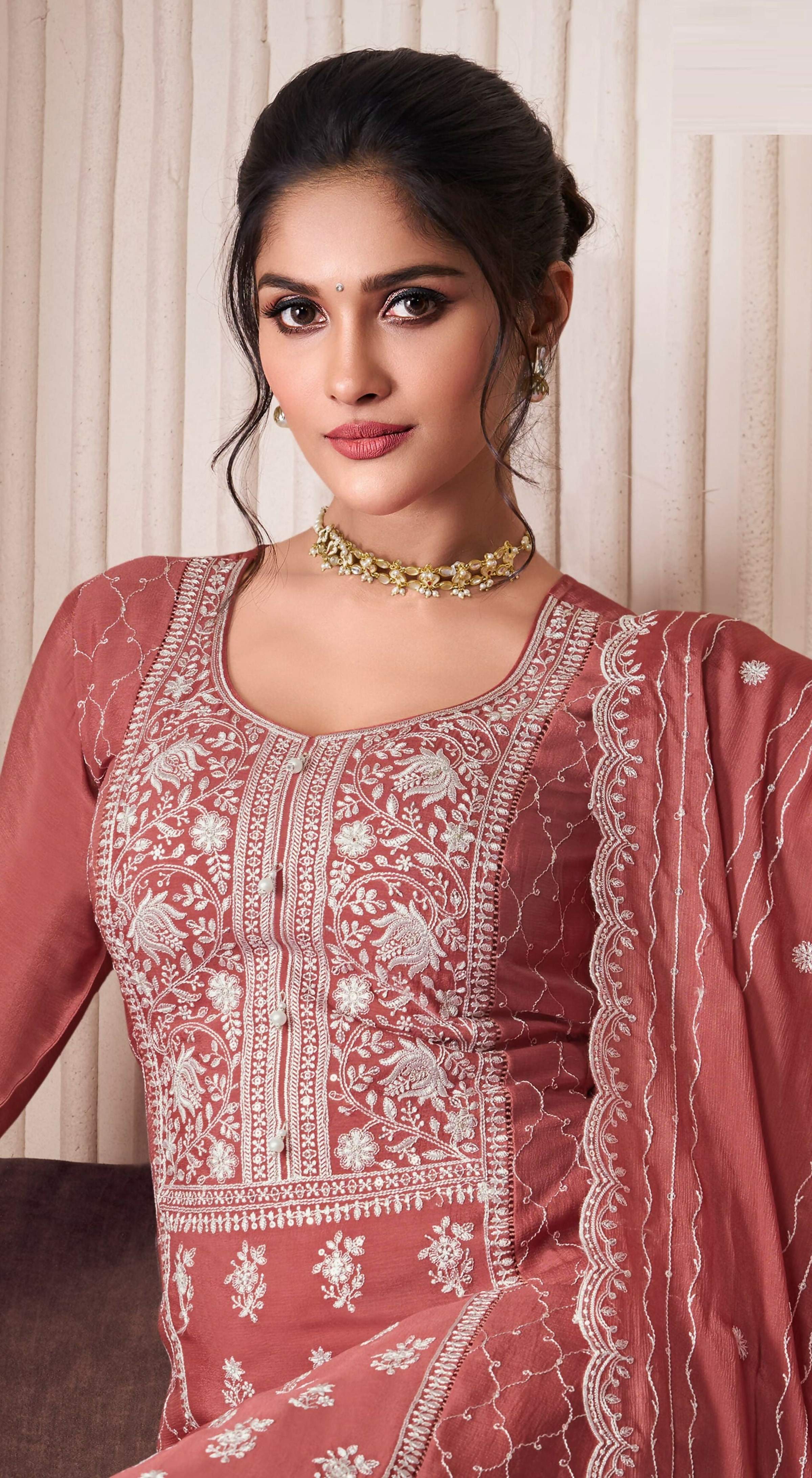 Anaita Peach Embroidered Work Silk Stitched Sharara Suit