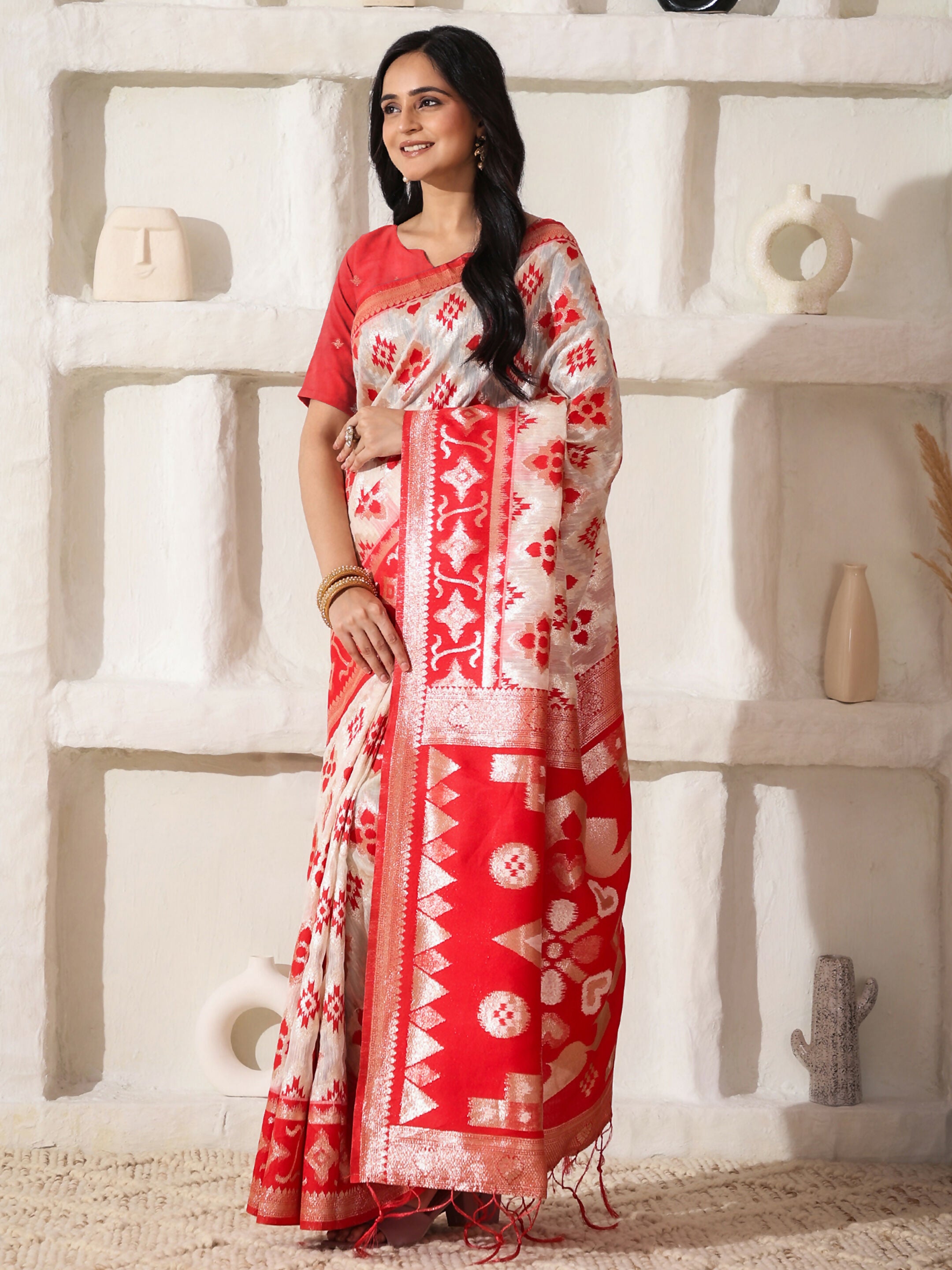 Astita Linen Cotton Red & White Saree