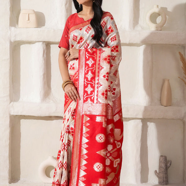 Astita Linen Cotton Red & White Saree