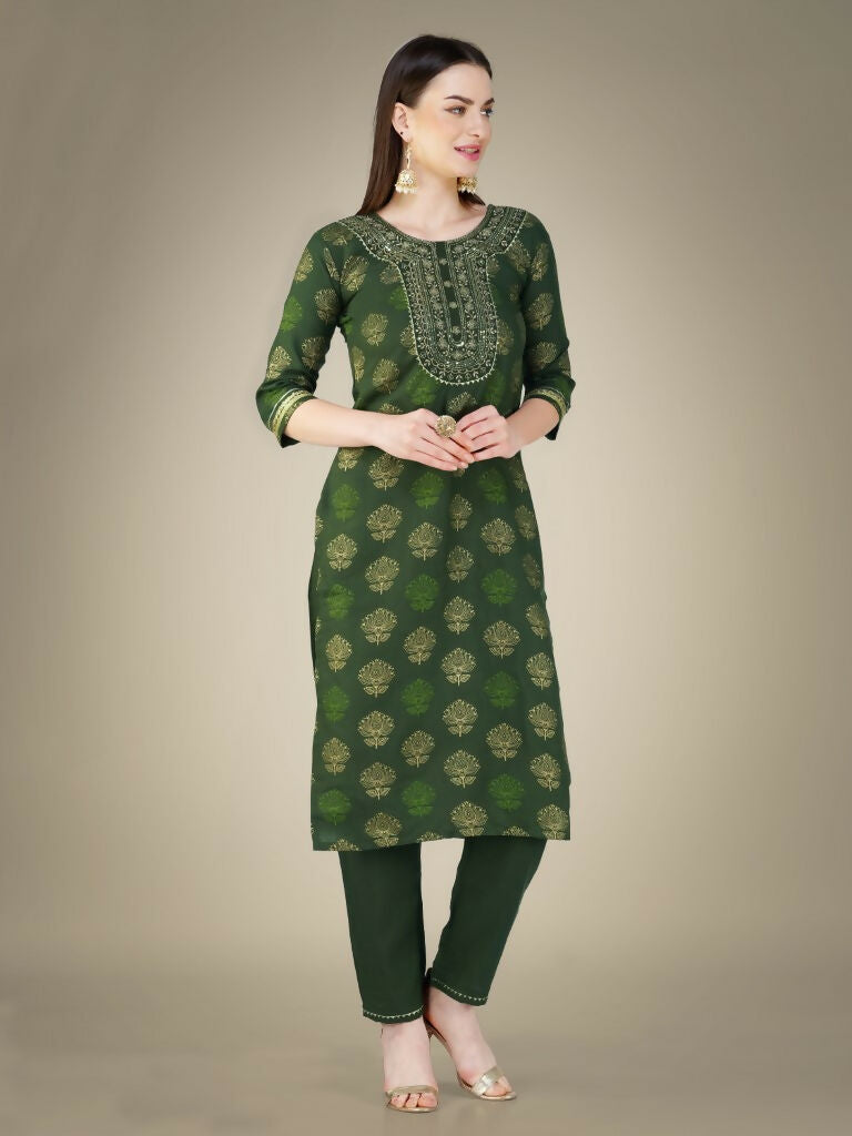 Jyoti Fashion Women's Dark Green Cotton Magic Slub Embroidery & Sequence work Kurta with Trouser & Dupatta - Distacart