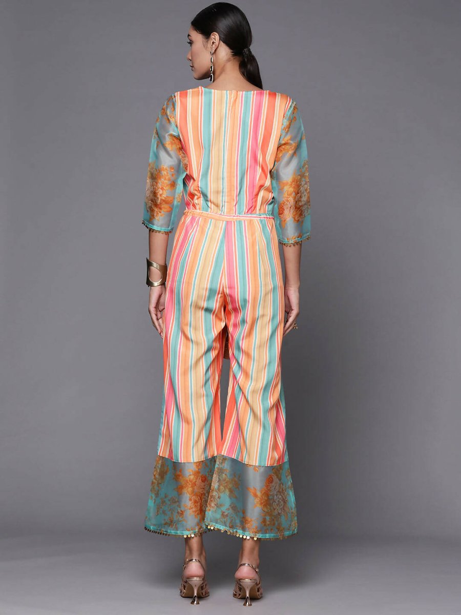 Ahalyaa Coral Orange & Blue Candy Striped Basic Jumpsuit - Distacart