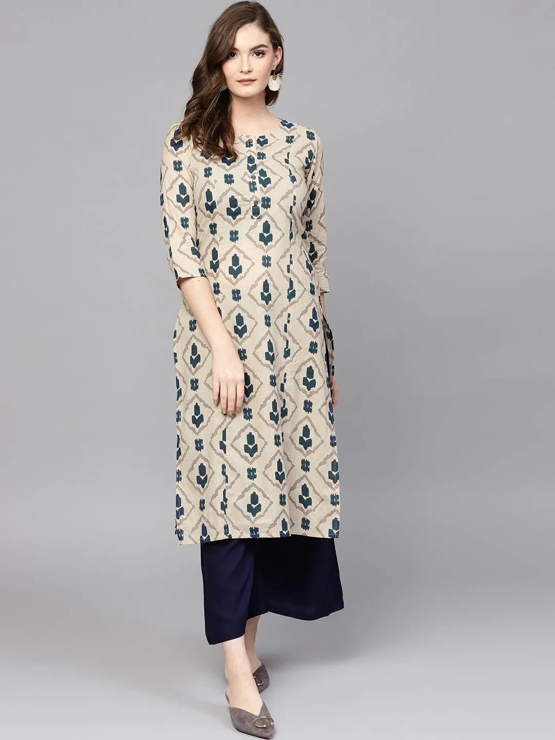 Yufta Beige & Navy Blue Printed Pure Cotton Kurta - Distacart