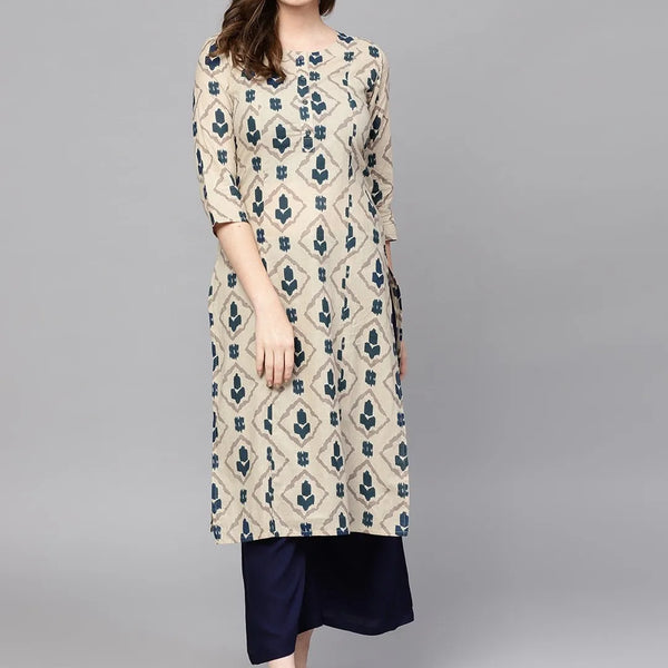 Yufta Beige & Navy Blue Printed Pure Cotton Kurta - Distacart