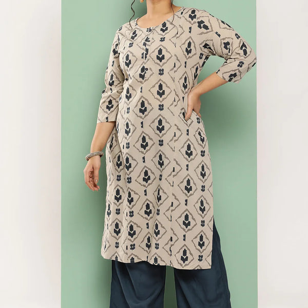Yufta Beige & Navy Blue Printed Pure Cotton Plus Size Kurta - Distacart