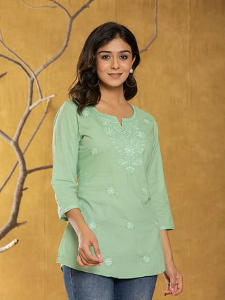 Yufta Women Green Chikankari Striped Regular Top - Distacart