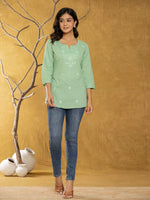 Thumbnail for Yufta Women Green Chikankari Striped Regular Top - Distacart