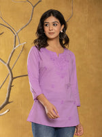Thumbnail for Yufta Women Lavender Chikankari Striped Regular Top - Distacart