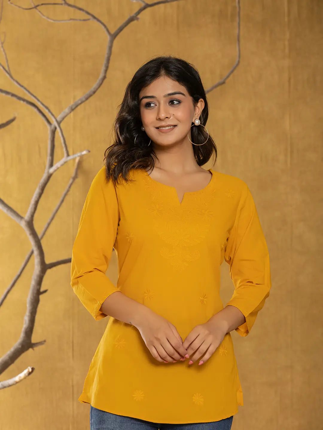 Yufta Women Mustard Chikankari Striped Regular Top - Distacart