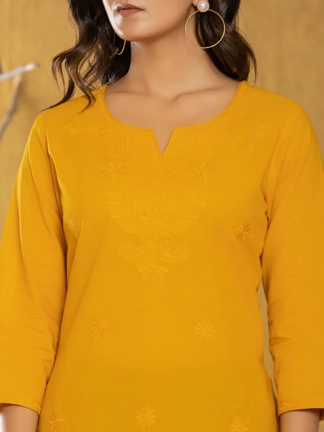 Yufta Women Mustard Chikankari Striped Regular Top