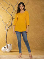 Thumbnail for Yufta Women Mustard Chikankari Striped Regular Top