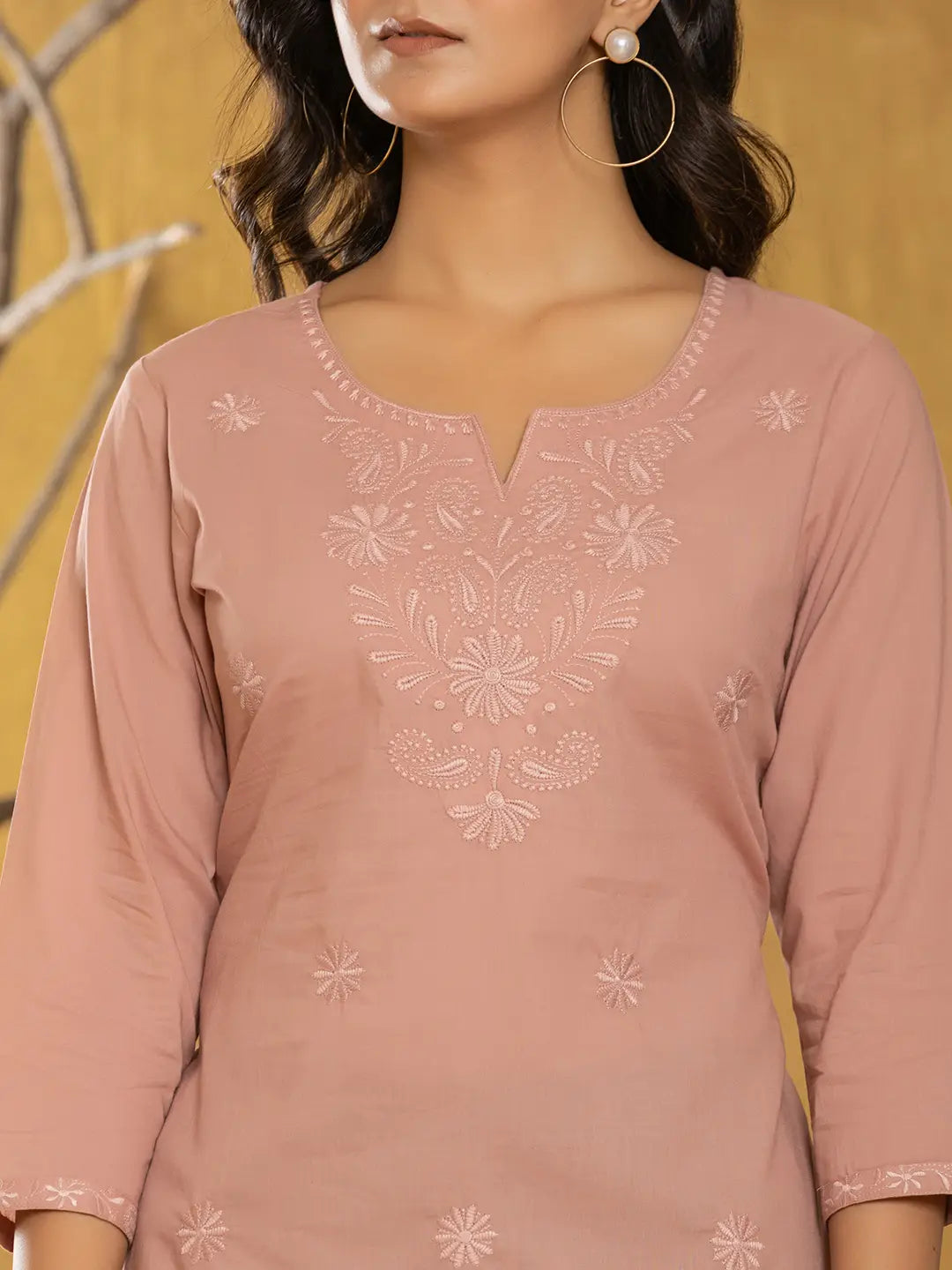Yufta Women Rust Chikankari Striped Regular Top