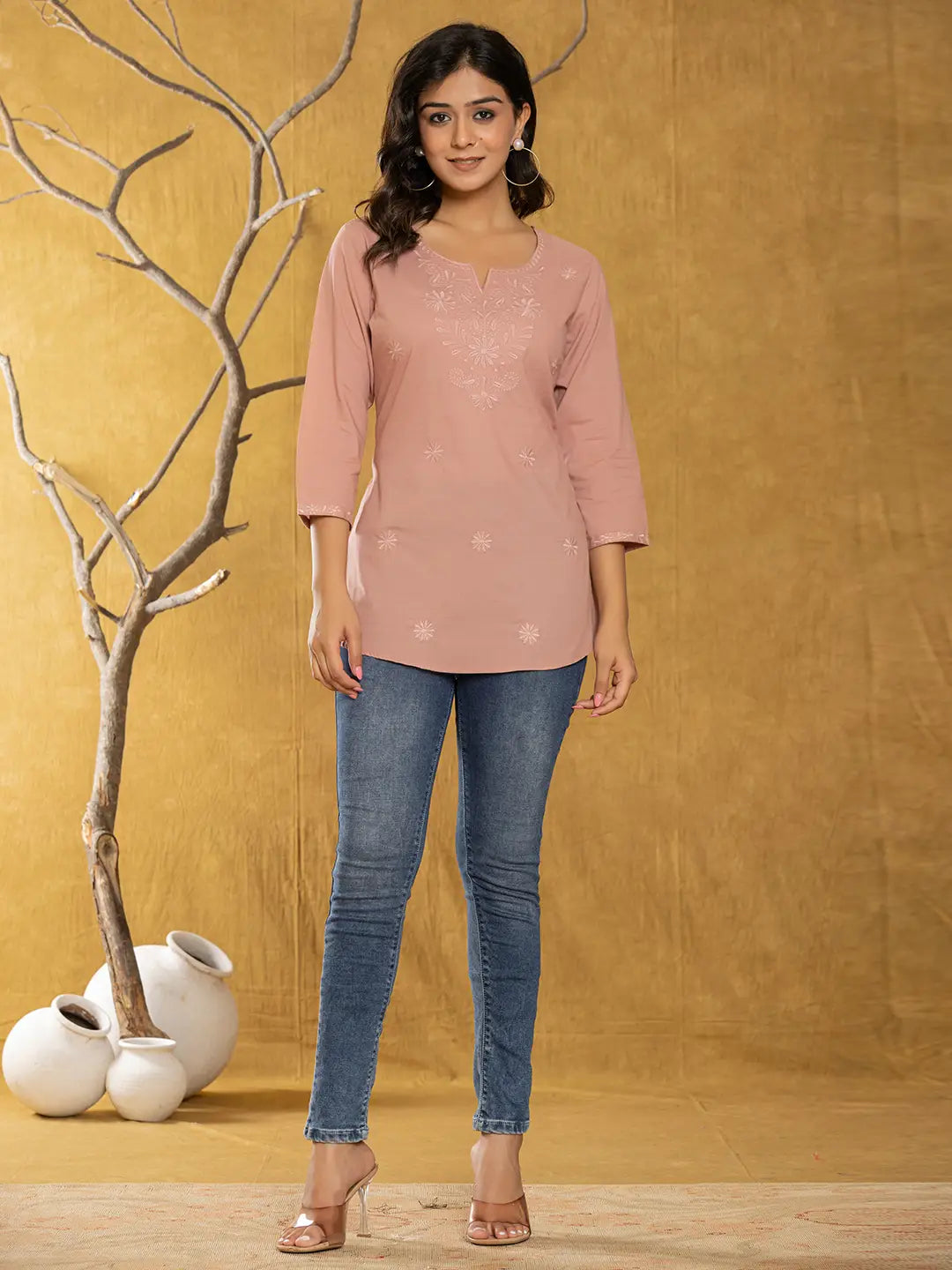 Yufta Women Rust Chikankari Striped Regular Top