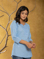 Thumbnail for Yufta Women Sky Blue Chikankari Striped Regular Top - Distacart