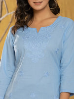 Thumbnail for Yufta Women Sky Blue Chikankari Striped Regular Top - Distacart