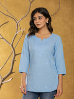 Thumbnail for Yufta Women Sky Blue Chikankari Striped Regular Top - Distacart