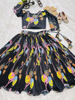 Thumbnail for Divine Drape Girl's Chinon Silk Digital Print Lehenga Choli - Black