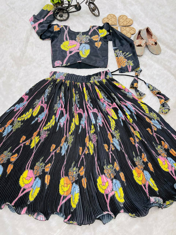 Divine Drape Girl's Chinon Silk Digital Print Lehenga Choli - Black