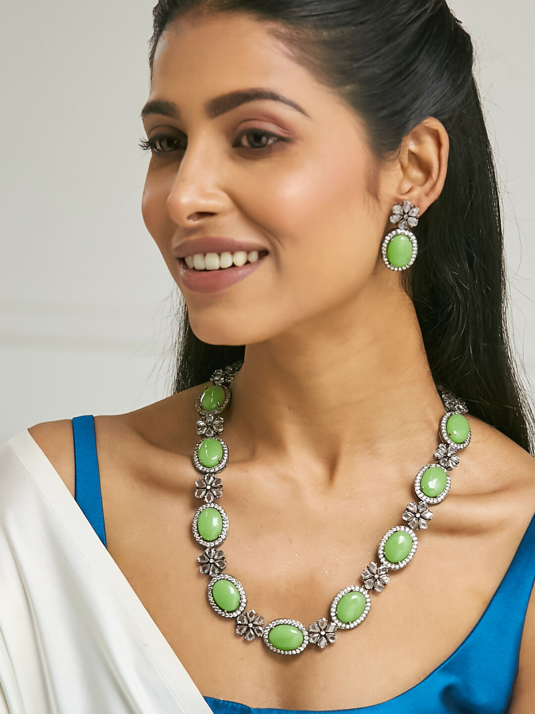 Nuyug Antique Silver Plated Crystal Studded Faux Jade Stones Embellished Necklace Set