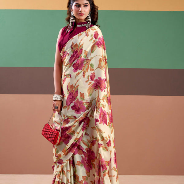 Vastranavya Pink Satin Silk Floral Printed Saree with Stitched Blouse - Distacart