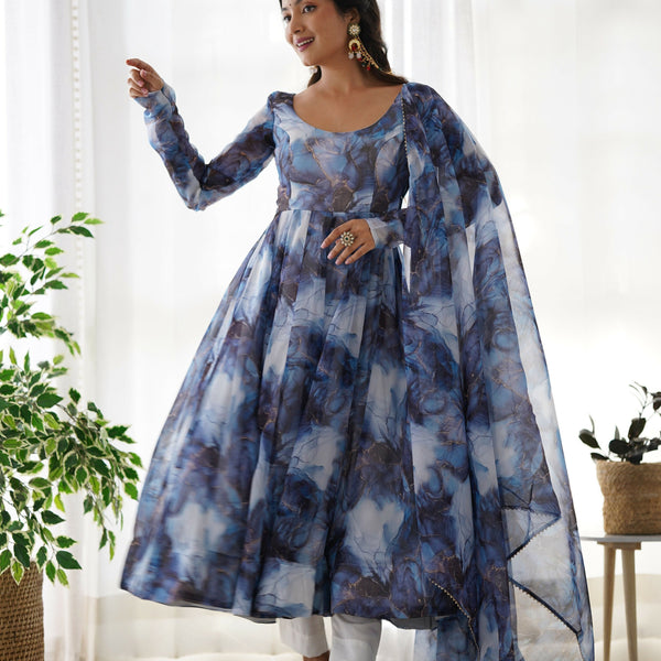 Joban Fashion Navy Blue Kurta Set Organza Sequin Embroidery Work - Distacart